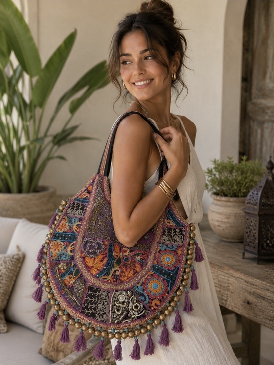 Handbags - Bohemian Embroidered Purple Tassel Banjara  Shoulder Bag